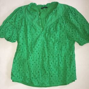 PrettyGarden Green Eyelet Lace Puff Sleeve Blouse – Size L